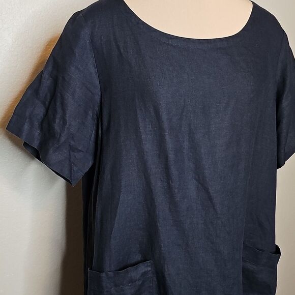 Eileen Fisher Organic Linen Short Sleeve Classic Black Shift Dress Medium - Picture 2 of 7